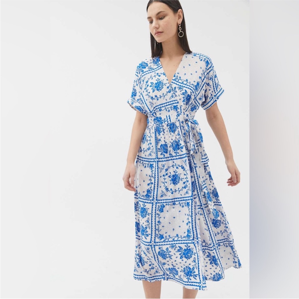 Urban Outfitters Blue And White Wrap Midi Dress
